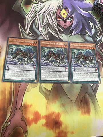 EXFO-EN025  3 x YuGiOh MYTHICAL BEAST BASHILISK Rares mixed Edition