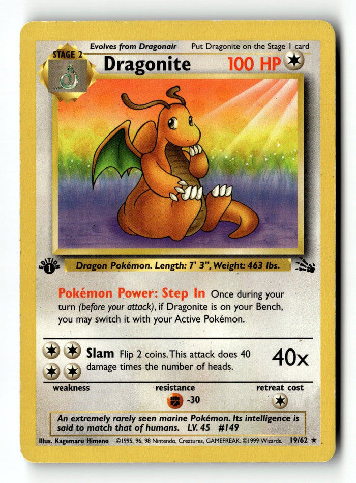 Pokemon Card Dragonite (19) 1st Edition LP Fossil 19/62
