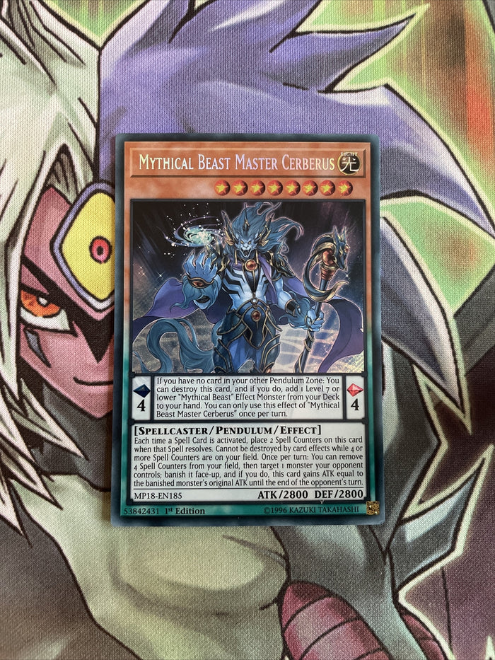 MP18-EN185 Mythical Beast Master Cerberus Secret Rare 1st Ed NM Yugioh Card