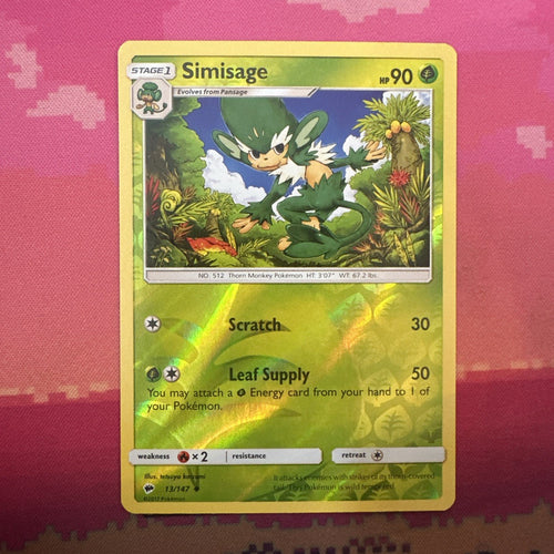 Pokemon Card Simisage Burning Shadows Reverse Holo 13/147 Near Mint