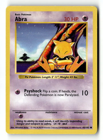 Pokemon Card Abra Unlimited LP Base Set (Shadowless) 043/102