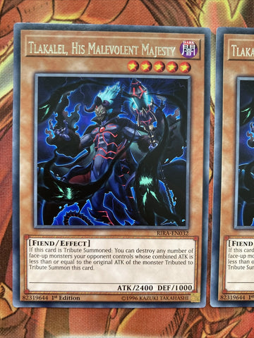 RIRA EN032 Yugioh cards x 3 Playset Rare Tlakalel His malevolent Majesty (back)