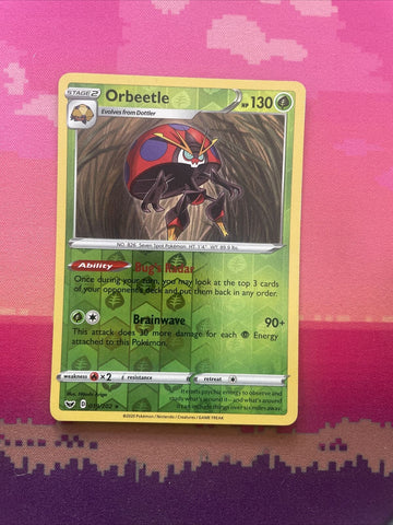 Pokemon Card Orbeetle Sword & Shield Reverse Holo Rare 019/202 Near Mint