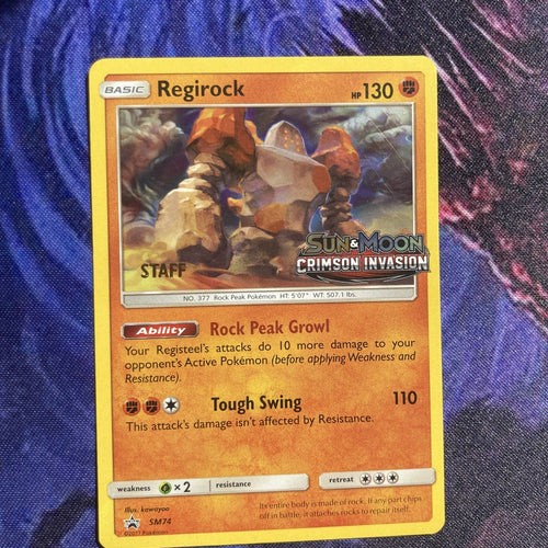 Pokemon Regirock SM74 STAFF Pre Release Black Star Promo Crimson Invasion