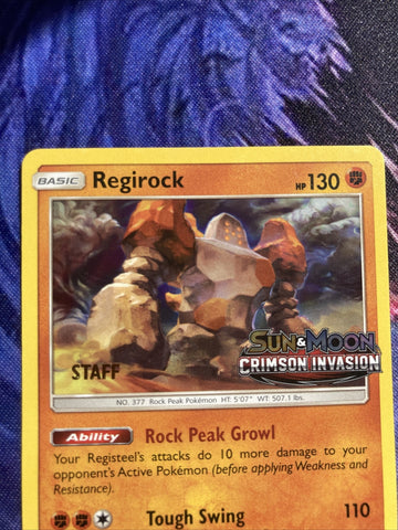 Pokemon Regirock SM74 STAFF Pre Release Black Star Promo Crimson Invasion (back)