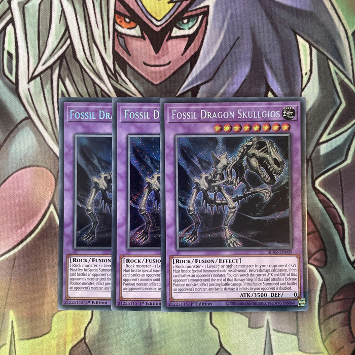 BLAR-EN009 x3 Fossil Dragon Skullgios Secret Rare Excellent Condition Yugioh