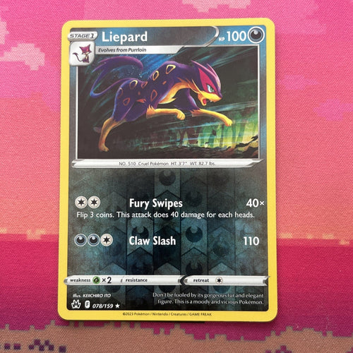 Pokemon Card Liepard Crown Zenith Reverse Holo Rare 078/159 Near Mint