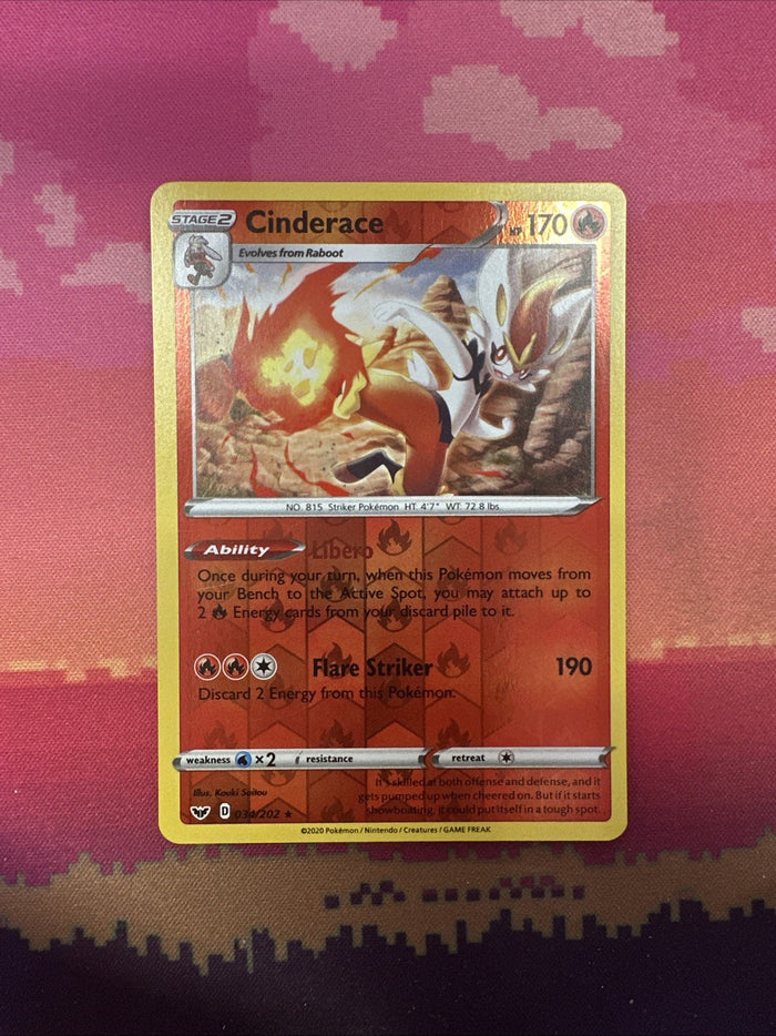 Pokemon Card Cinderace Sword & Shield Reverse Holo Rare 034/202 Near Mint