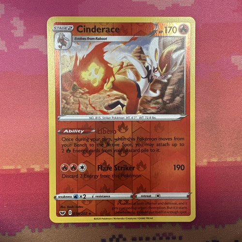 Pokemon Card Cinderace Sword & Shield Reverse Holo Rare 034/202 Near Mint