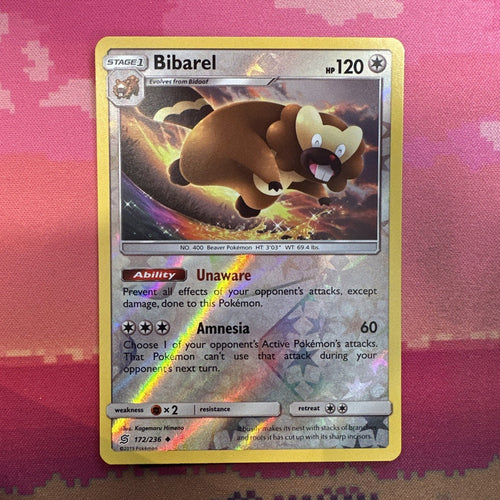Pokemon Card Bibarel Unified Minds Reverse Holo 172/236 Near Mint
