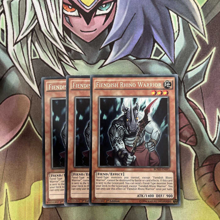 BOSH-EN091 x3 Fiendish Rhino Warrior Rare Excellent Condition Yugioh