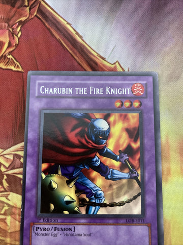 LOB-E011 Charubin The Fire Knight 1st Edition Rare EXC Yugioh (back)