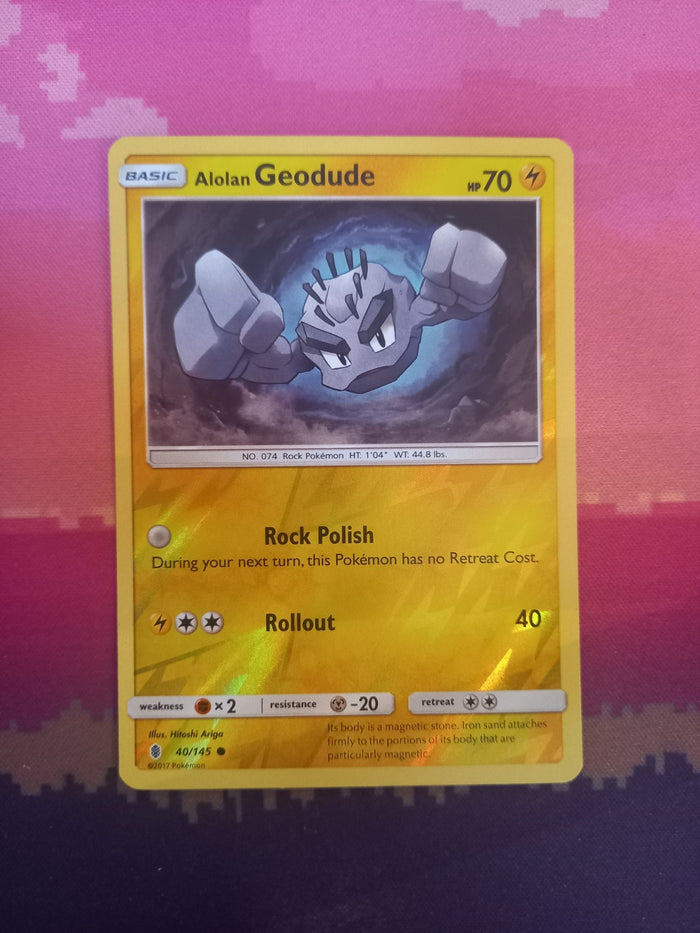 Pokemon card Alolan Geodude 40/145 Reverse Holo Guardians Rising Near Mint