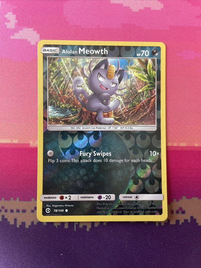 Pokemon Card Alolan Meowth Sun & Moon Reverse Holo 78/149 Near Mint