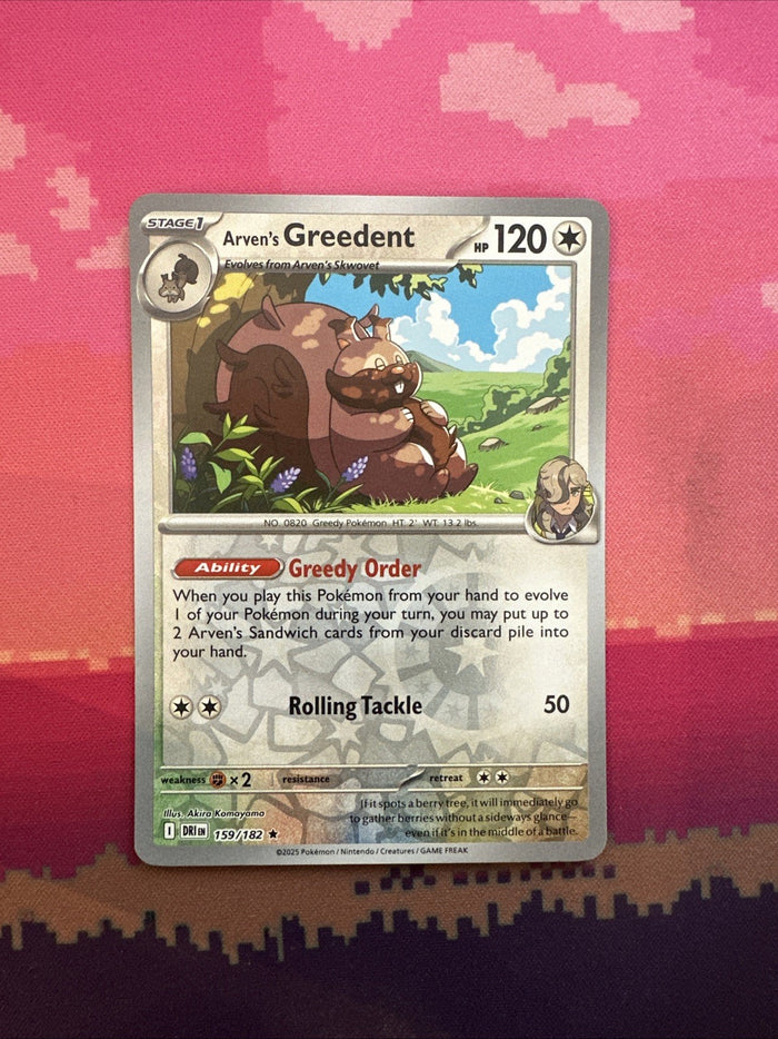 Pokemon Card Arven's Greedent Destined Rivals Reverse Holo Rare 159/182 NM