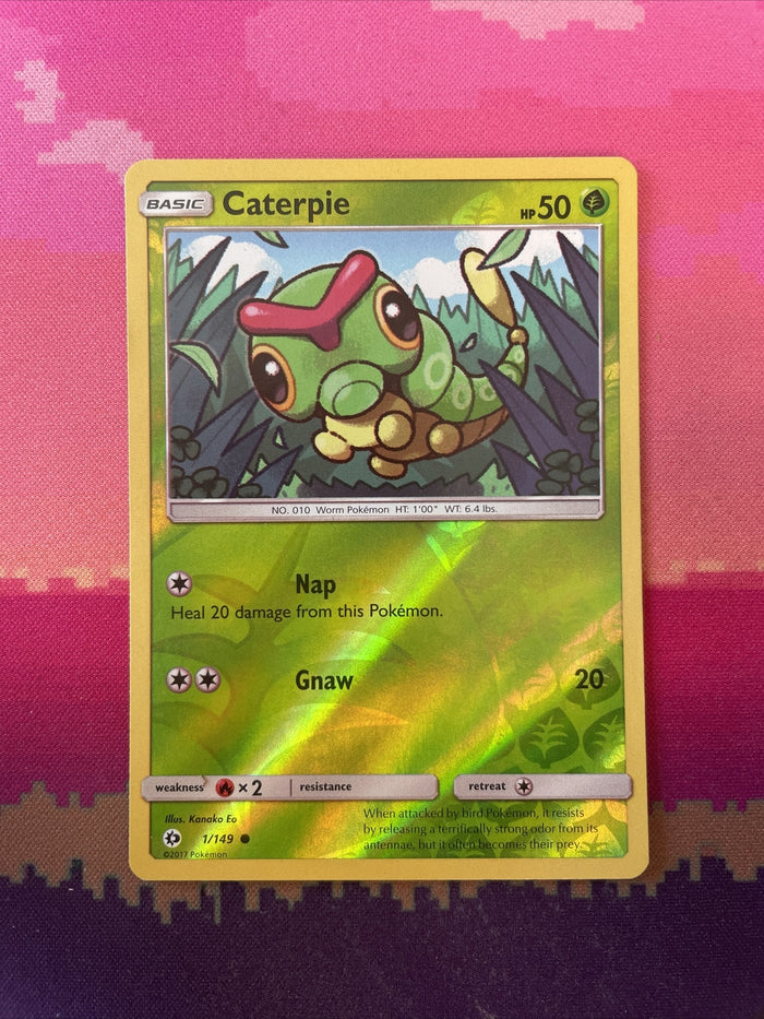 Pokemon Card Caterpie Sun & Moon Reverse Holo 1/149 Near Mint