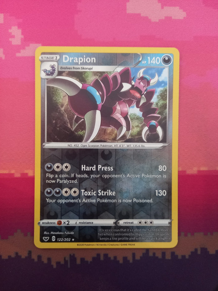 Pokemon Card Drapion Sword & Shield Rare Reverse Holo 122/202 Near Mint