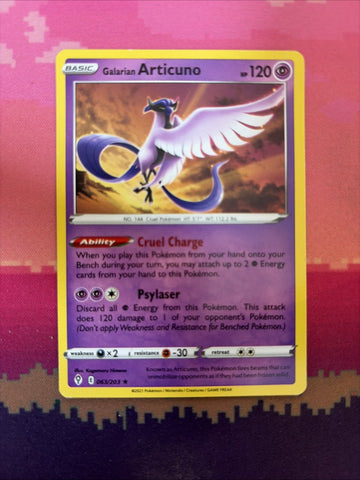 Pokemon Card Galarian Articuno Evolving Skies Non Holo Rare 063/203 Near Mint