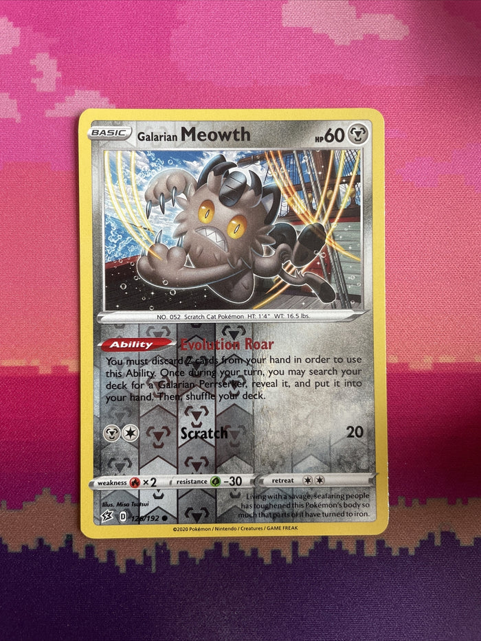 Pokemon Card Galarian Meowth Rebel Clash Reverse Holo 126/192 Near Mint