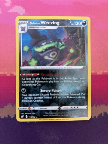 Pokemon Card Galarian Weezing Rebel Clash Reverse Holo Rare 113/192 Near Mint