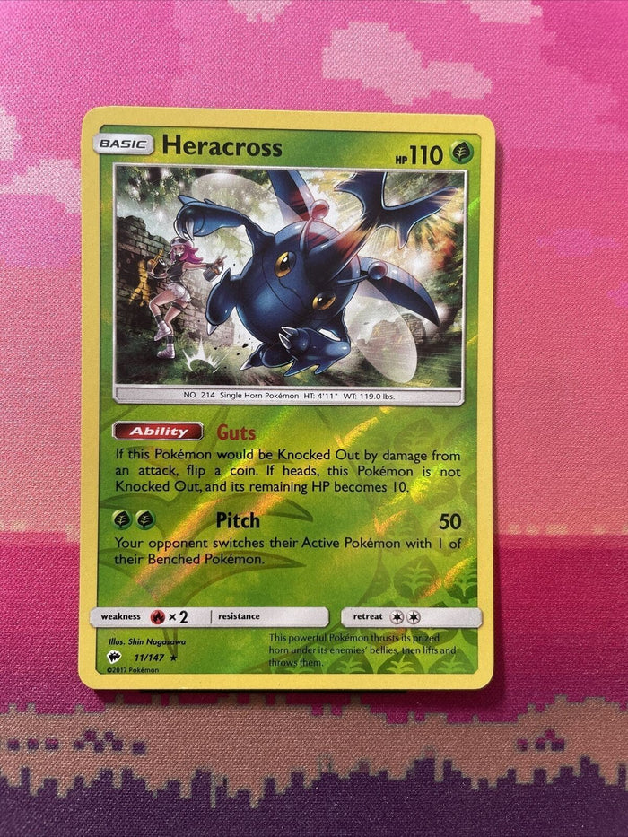 Pokemon Card Heracross Burning Shadows Reverse Holo Rare 11/147 Near Mint