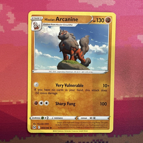 Pokemon Card Hisuan Arcanine Lost Origin Rare 084/196 Near Mint
