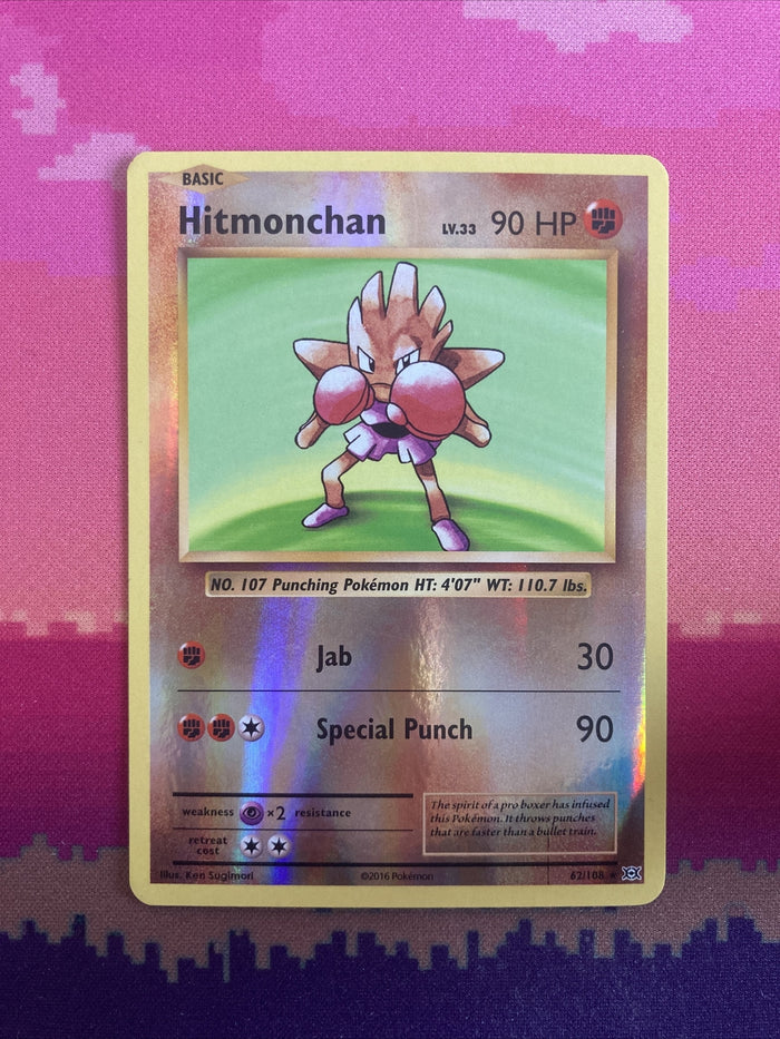Pokemon Card Hitmonchan Evolutions Reverse Holo Rare 62/108 Near Mint