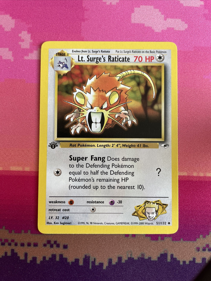 Pokemon Card Lt  Surge's Raticate Gym Heroes 1st Edition 51/132 Near Mint