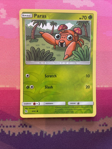 Pokemon Card Paras Hidden Fates Reverse Holo Common 4/68 Near Mint