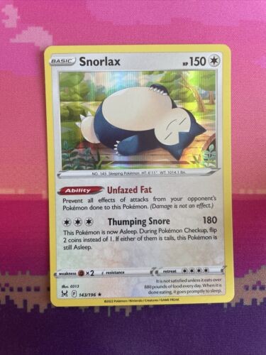 Pokemon Card Snorlax Lost Origin Holo Rare 143/196 Near Mint