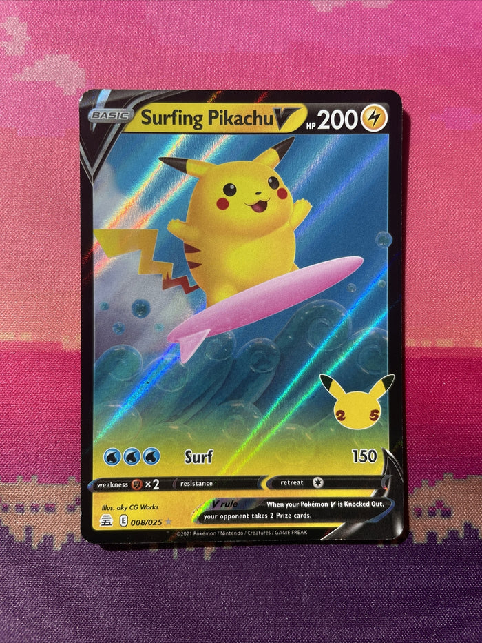 Pokemon Card Surfing Pikachu 008/025 Ultra Rare Celebrations Near Mint