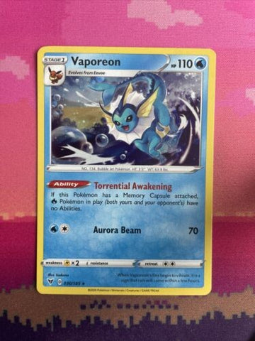 Pokemon Card Vaporeon Vivid Voltage Cosmo Holo Rare 030/185 Near Mint