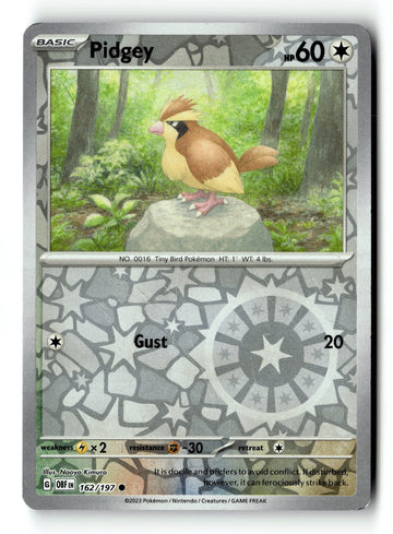 Pokemon Card Pidgey Reverse Holo LP SV03: Obsidian Flames 162/197