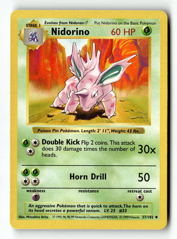Pokemon Card Nidorino Unlimited LP Base Set (Shadowless) 37/102