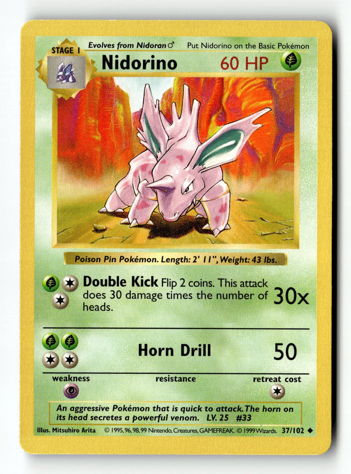 Pokemon Card Nidorino Unlimited LP Base Set (Shadowless) 37/102
