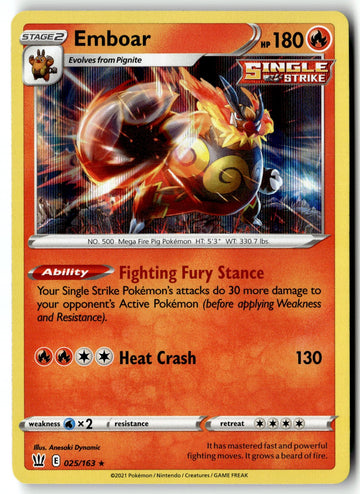 Pokemon Card Emboar LP SWSH05: Battle Styles Holo Rare 025/163