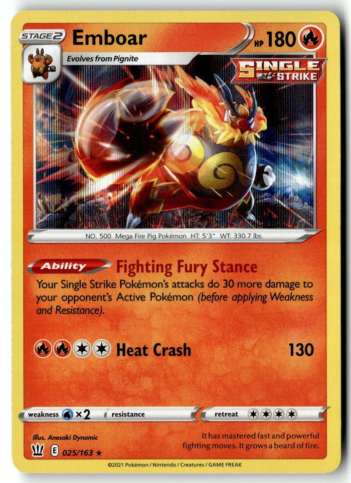 Pokemon Card Emboar LP SWSH05: Battle Styles Holo Rare 025/163