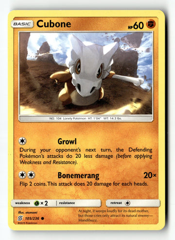 Pokemon Card Cubone LP SM - Unified Minds Common 105/236