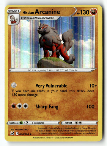 Pokemon Card Hisuian Arcanine LP SWSH11: Lost Origin Holo Rare 084/196
