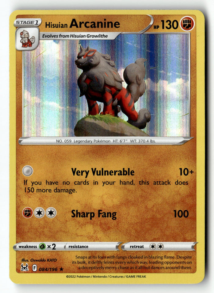 Pokemon Card Hisuian Arcanine LP SWSH11: Lost Origin Holo Rare 084/196