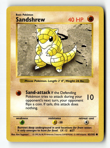 Pokemon Card Sandshrew Unlimited LP Base Set (Shadowless) 062/102
