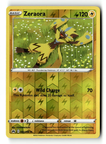 Pokemon Card Zeraora Reverse Holo LP Crown Zenith 052/159