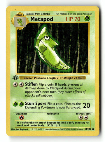 Pokemon Card Metapod 1st Edition LP Base Set (Shadowless) 54/102