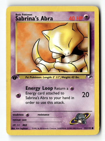 Pokemon Card Sabrina's Abra 1st Edition LP Gym Heroes 91/132