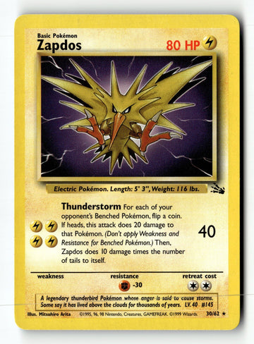 Pokemon Card Zapdos (30) Unlimited LP Fossil 30/62
