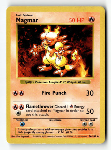 Pokemon Card Magmar Unlimited LP Base Set (Shadowless) 36/102