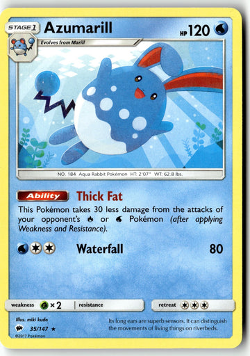 Pokemon Card Azumarill LP SM - Burning Shadows Rare 35/147