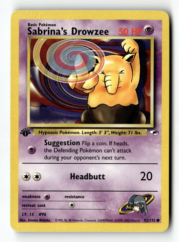 Pokemon Card Sabrina's Drowzee 1st Edition LP Gym Heroes 092/132