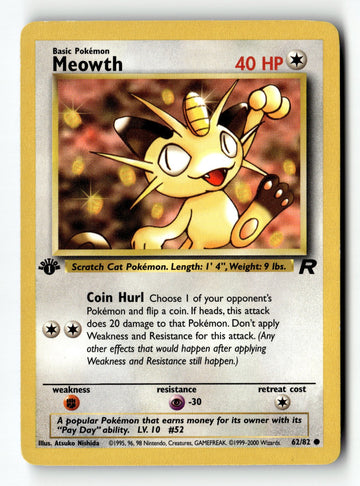 Pokemon Card Meowth 1st Edition LP Team Rocket 62/82