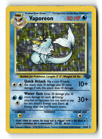 Pokemon Card Vaporeon (12) Unlimited Holo LP Jungle 12/64